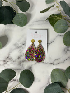 Purple, Green, & Gold Glitter - Wood Teardrop Earrings