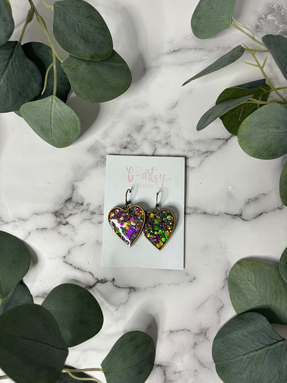 Purple, Green, & Gold Hearts - Earrings