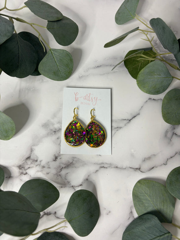 Purple, Green, & Gold glitter in a gold teardrop - Earrings