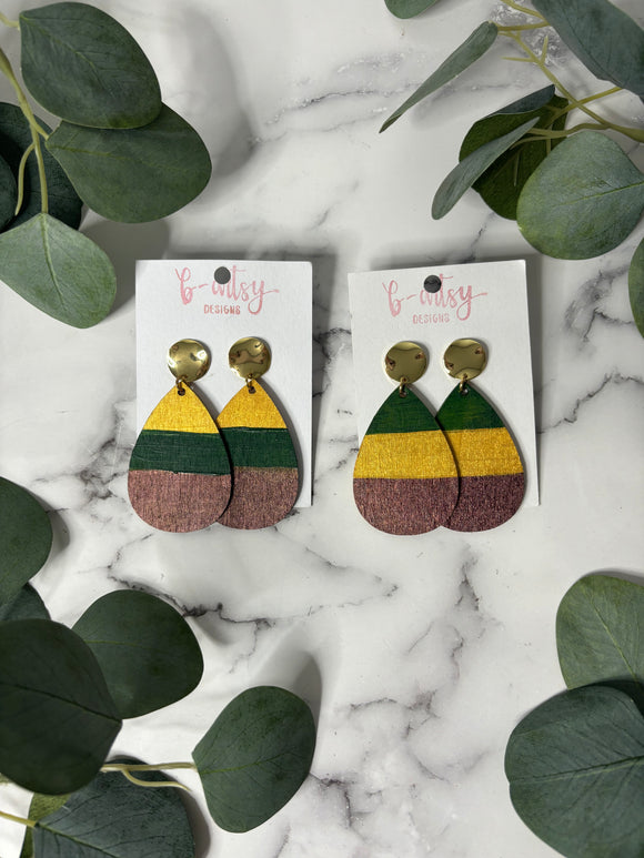 Purple, Green, & Gold - Painted Wood Teardrop Earrings