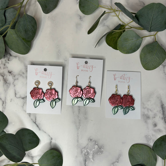 Red Shimmer Clay Roses - Earrings