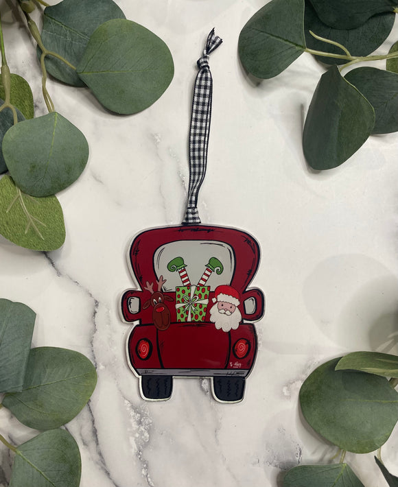 Red Truck with Santa & His Helpers - Ornament