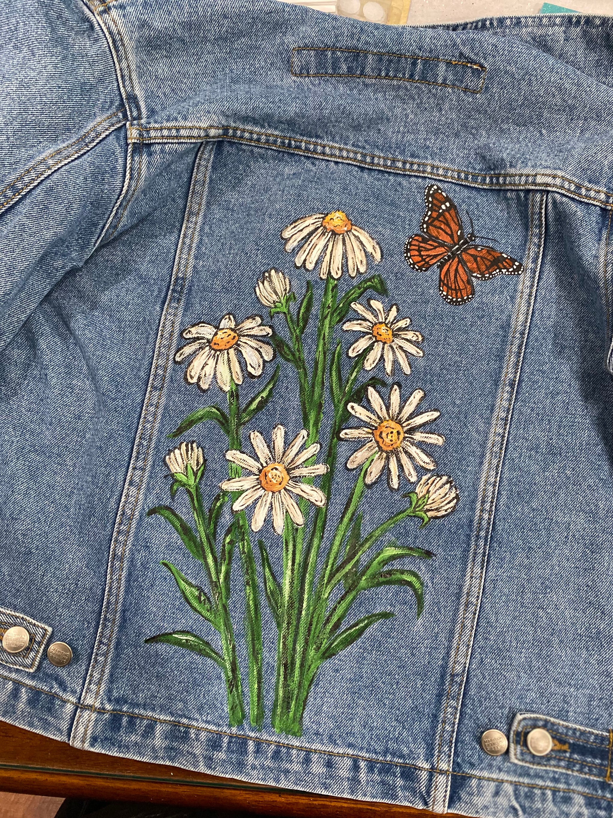 Painted Denim Jean Jacket With Flower Patches Jean Jacket Designs